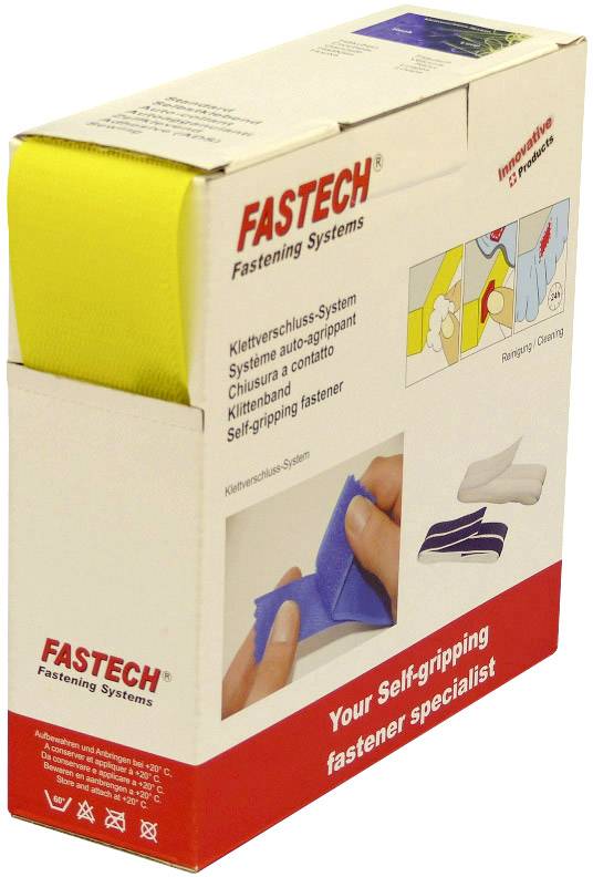 A packaging with FasTech hook and loop fastener system, displaying a yellow hook and loop roll and application images on the side.