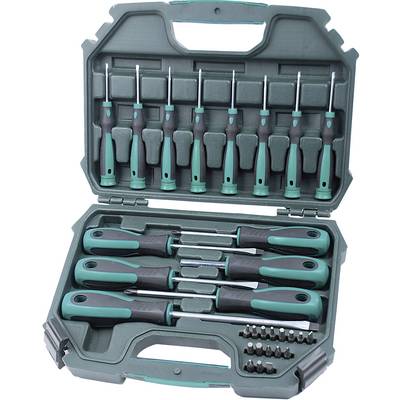 'Green tool case with various screwdrivers and bits.'