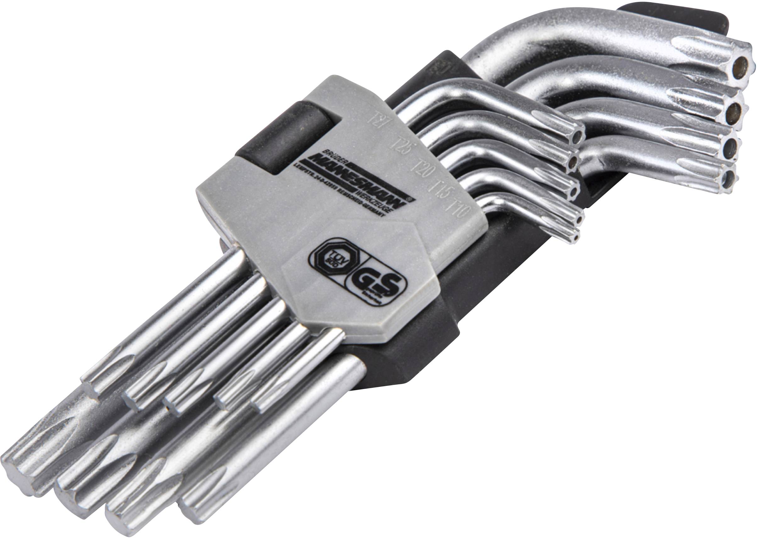 A set of silver Torx keys in various sizes, neatly arranged side by side in a holder.