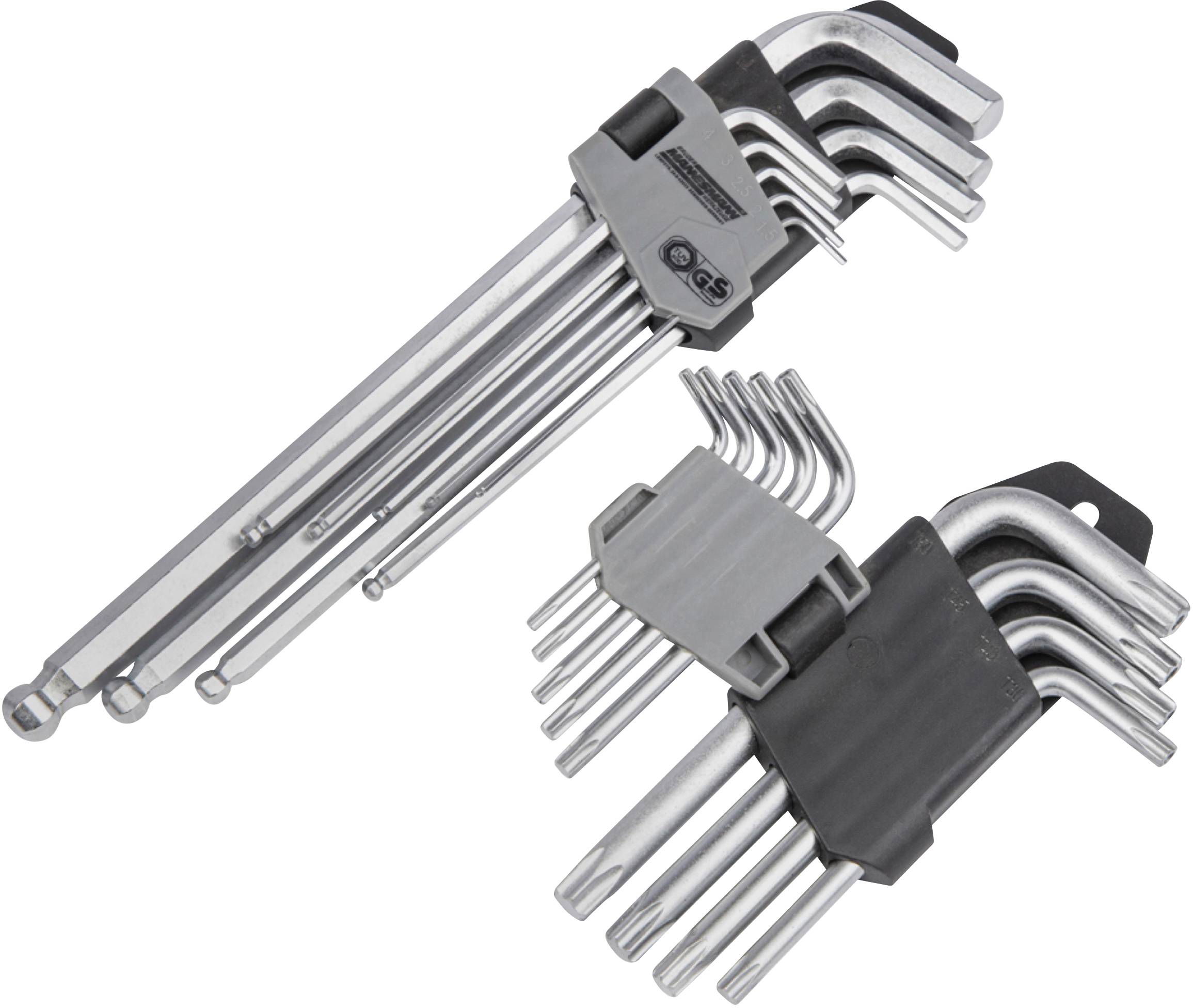'Set of Allen keys in various sizes, neatly arranged in two holders. Metal tools for fastening screws.'