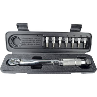 A torque wrench set with various socket attachments in an open black case.