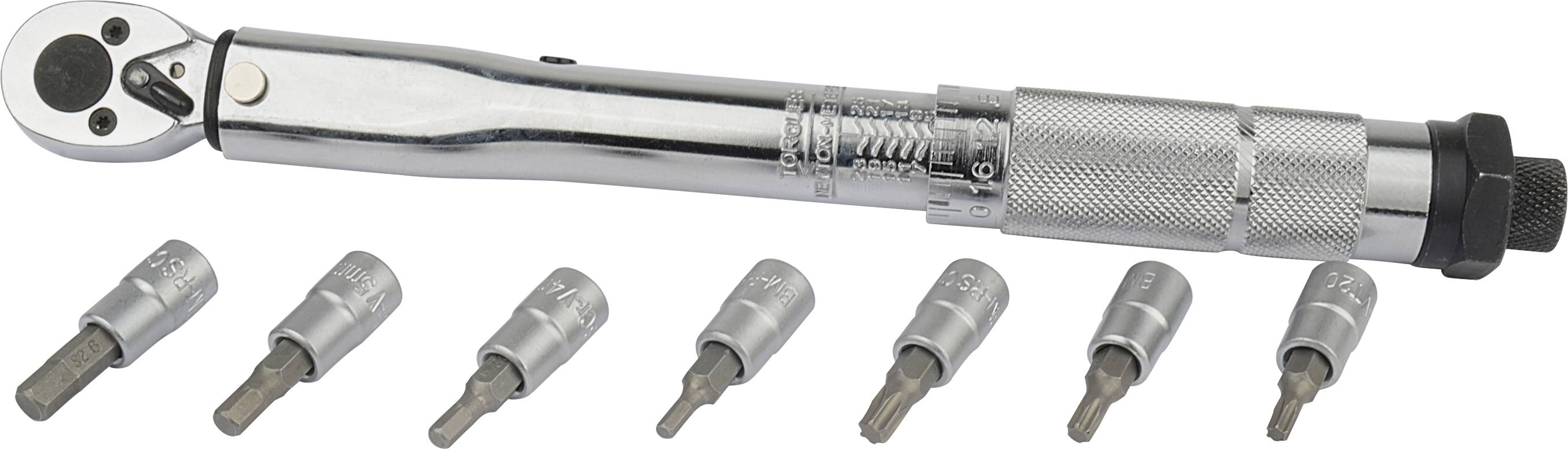 Metal torque wrench with ratchet head, surrounded by seven socket wrench inserts of various sizes.
