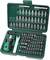 A green tool case with a screwdriver, ratchet and numerous bits. Suitable for various screw-related tasks.