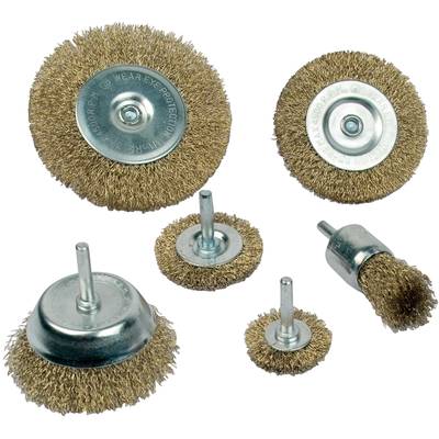 Six different wire brushes with metal bases and copper bristles on a white background. They vary in size and shape.