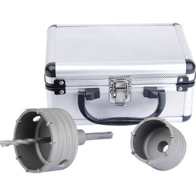 Drill crown set with metal storage case, comprising two drill crowns of different sizes, one with an integrated drill bit.