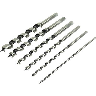 Six drill bits of various sizes, lying side by side. They are spiral-shaped and made of metal, suitable for wood drilling.