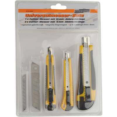 'Universal Knife Set' by Mannesmann, consisting of an 18 mm utility knife and two 9 mm utility knives, each with snap-off blades and an ergonomic handle.