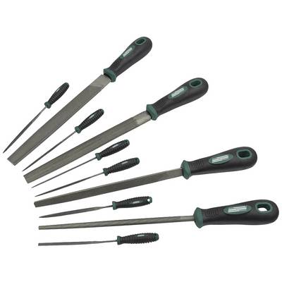 A six-piece set of hand files in various sizes and shapes, used for metalworking, against a white background.