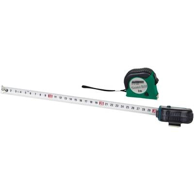 A green tape measure unrolled to 3 metres, showing the centimetre markings.