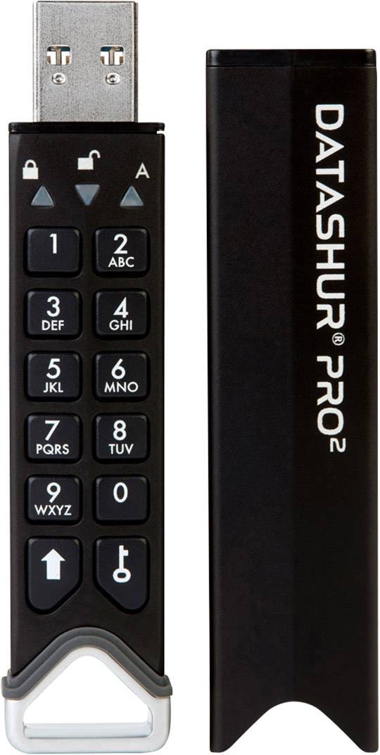 USB stick with numeric keypad for PIN entry, removable protective cover and label reading 'DATASHUR PRO 2'.