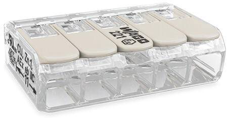 Transparent WAGO terminal block with five connections, suitable for connecting electrical cables.