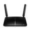 Wi-Fi router with two upright aerials. Black casing, brand TP-Link.