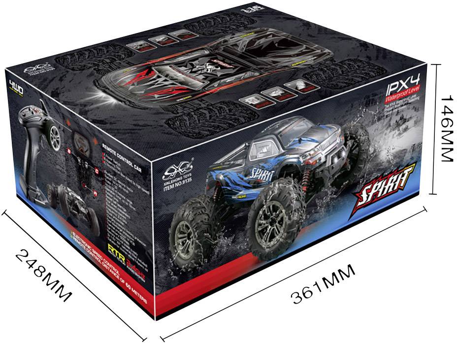 Packaging for a remote-controlled car with 'Spirit' branding, featuring images of the car and controller. Dimensions: 361 mm x 248 mm x 146 mm.