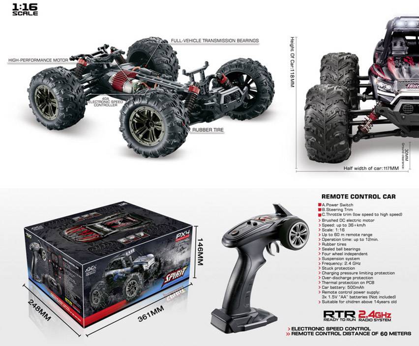 Remote-controlled car at 1:16 scale with detailed top view and control. Packaging dimensions: 381mm x 246mm x 144mm. Range 60 metres.