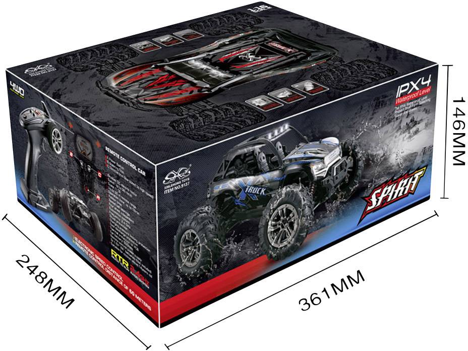 Remote-controlled car 'Spirit' in black and red packaging, dimensions: 361mm x 248mm x 146mm; image of the car and controller on the box.