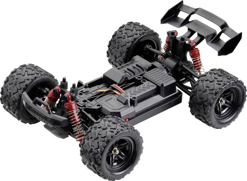 A remote-controlled car chassis with large off-road tyres, shock absorbers, and battery pack. Suitable for rough terrain.