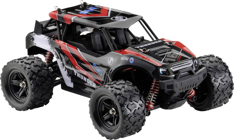 A remote-controlled off-road vehicle with black and red accents, robust tyres, and a sporty bodywork.