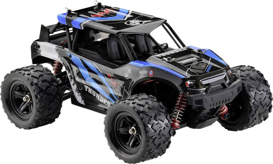 A remote-controlled off-road vehicle in blue and black with large treaded tyres and a detailed bodywork, ready for off-road driving.