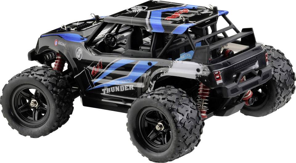 Remote-controlled car with large, robust tyres, black and blue design and inscription 'Thunder', ideal for rough terrain.