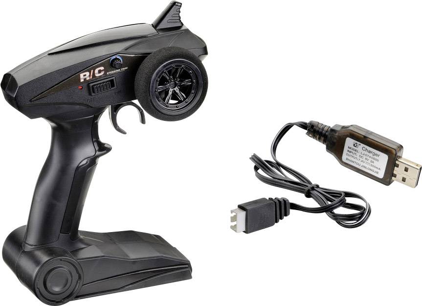 Remote-controlled (R/C) transmitter in black with steering wheel, trigger, and antenna. Alongside is a USB charging cable for batteries, with a black connector.