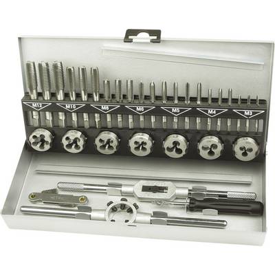 A comprehensive thread-cutting set in a metal case, comprising various cutting dies and tools, organised in rows.