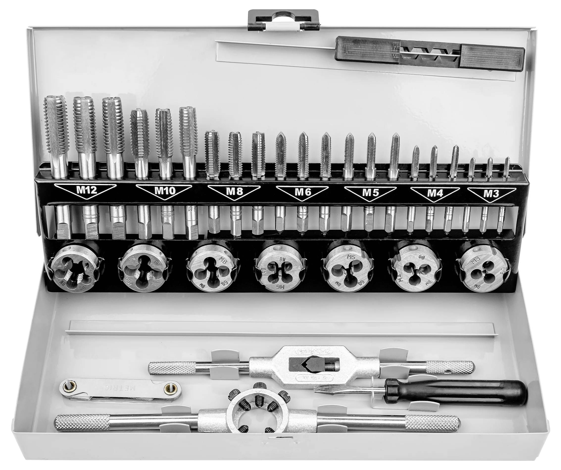 Metal thread-cutting set with various sizes of thread taps and cutters in an open toolbox.