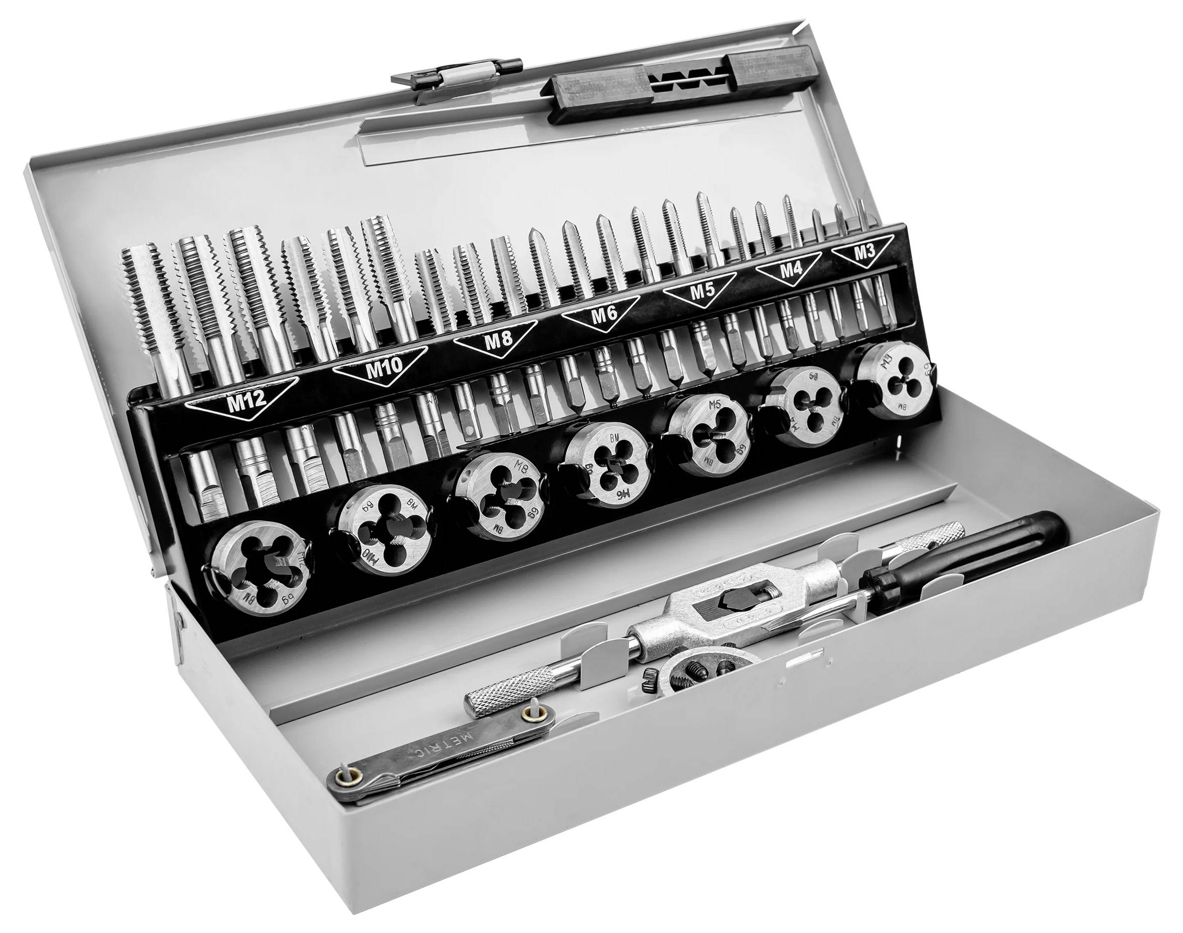A metal tool case open, displaying a threading set, including taps and dies in various sizes.
