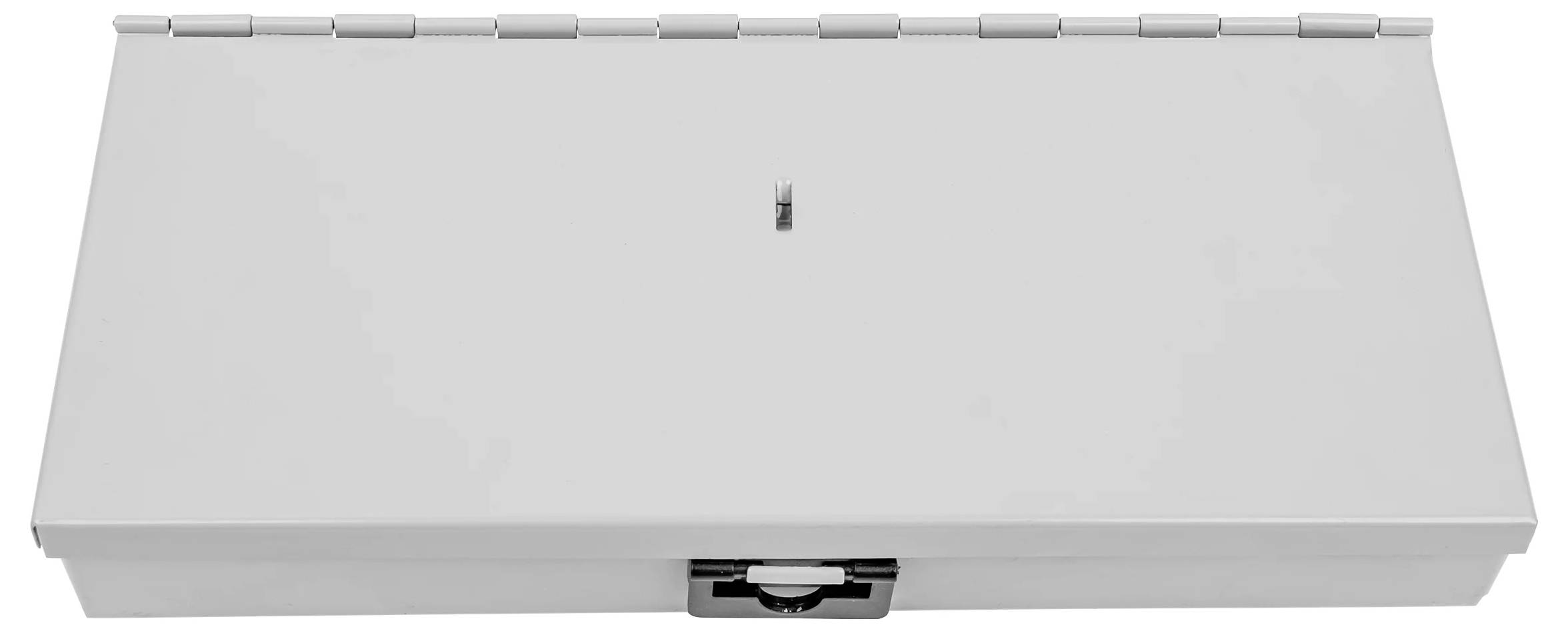 Metal cabinet with hinges, closed. A central locking clip is located on the front of the cabinet.