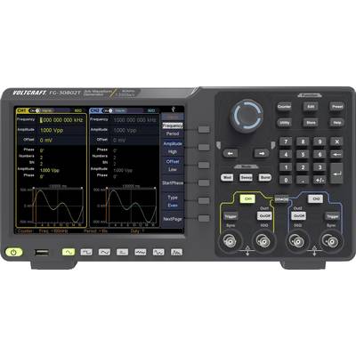 A digital function generator with display shows waveforms and settings such as frequency, amplitude, and phase for different channels.