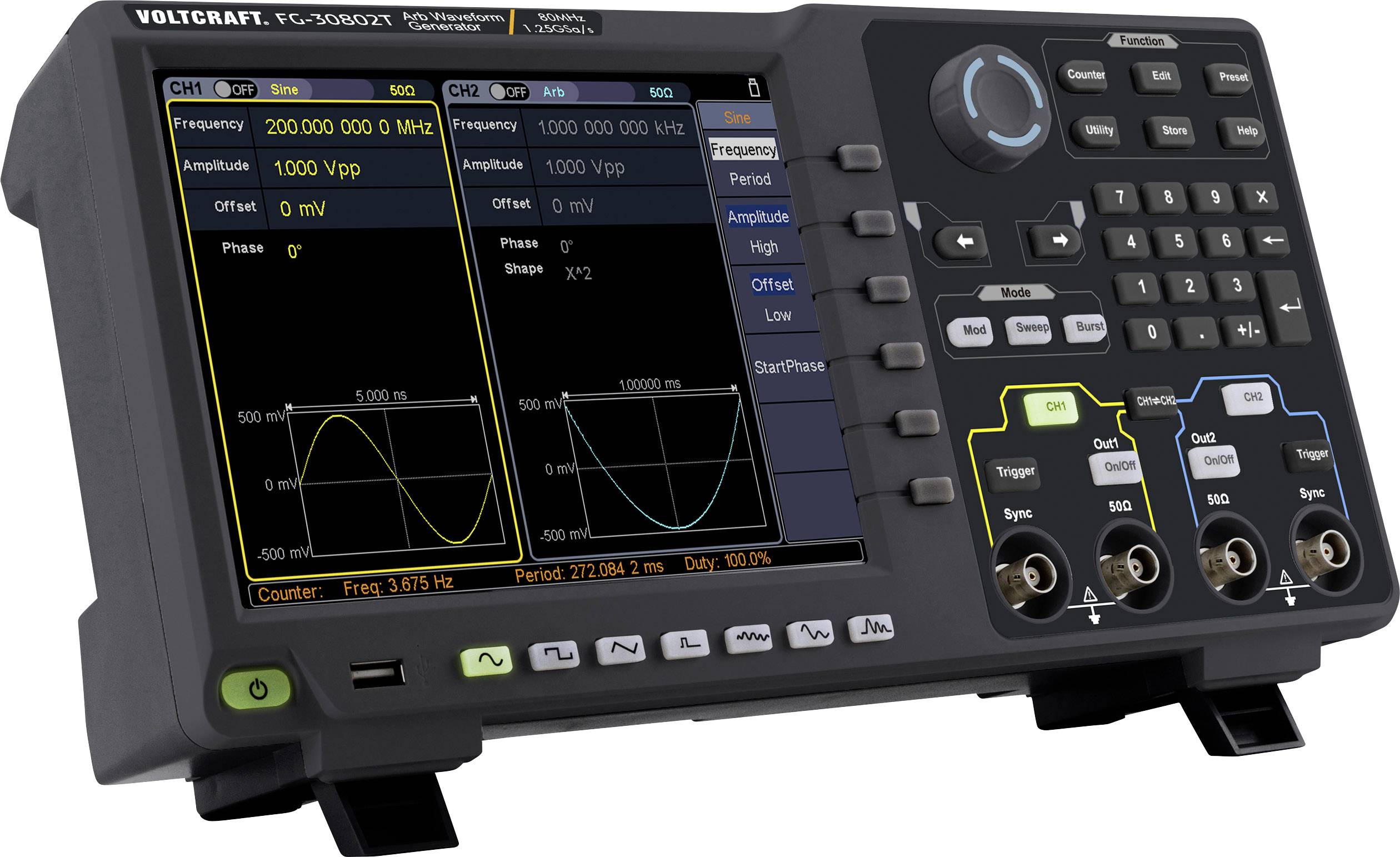 An oscilloscope with two graphical waveforms on the display. Displays measurement data for frequency and amplitude. Control panel located on the right-hand side.