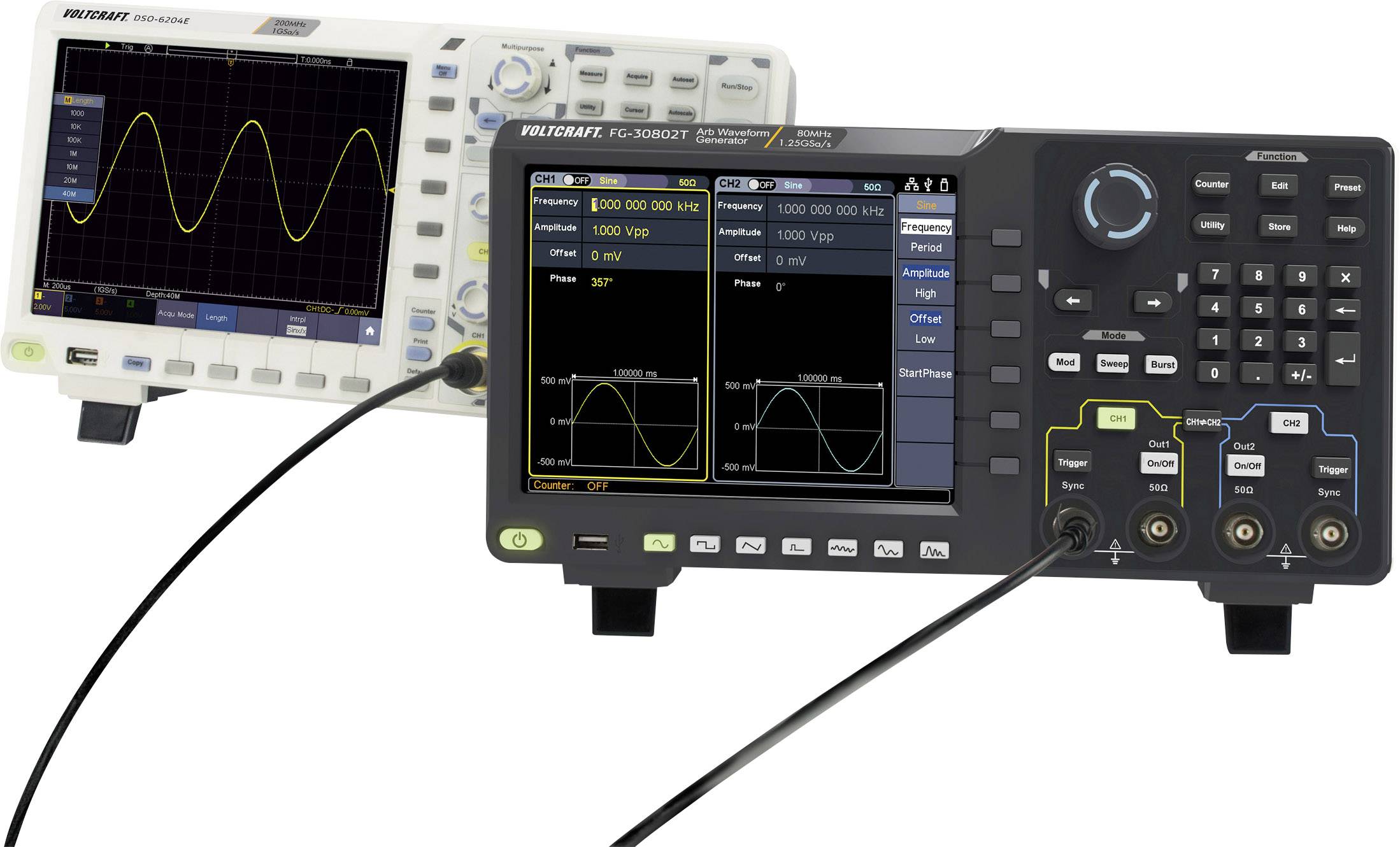 'Oscilloscope and Generator in Action'; shows oscillation waves on the screen of an oscilloscope with connected cables for measurement.