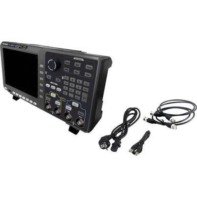 Oscilloscope with screen, multiple buttons and ports. Three cables are lying beside it, including power and connection cables.