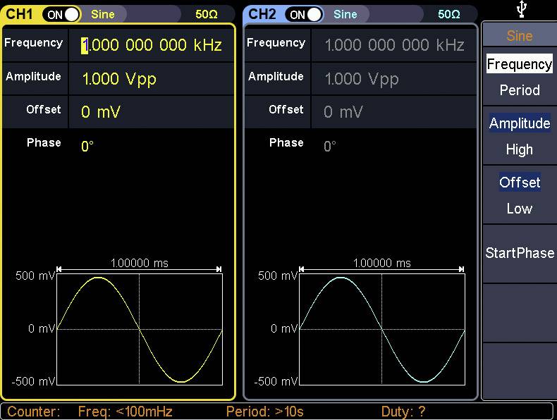 'Oscilloscope display with two channels. Left: CH1 shows frequency 1 kHz, amplitude 1 Vpp. Right: CH2 also 1 kHz, 1 Vpp. Graphs show sine waves.'