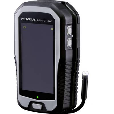 Handheld device by Voltcraft with a screen, illuminated endoscope cable, and control buttons on the side.