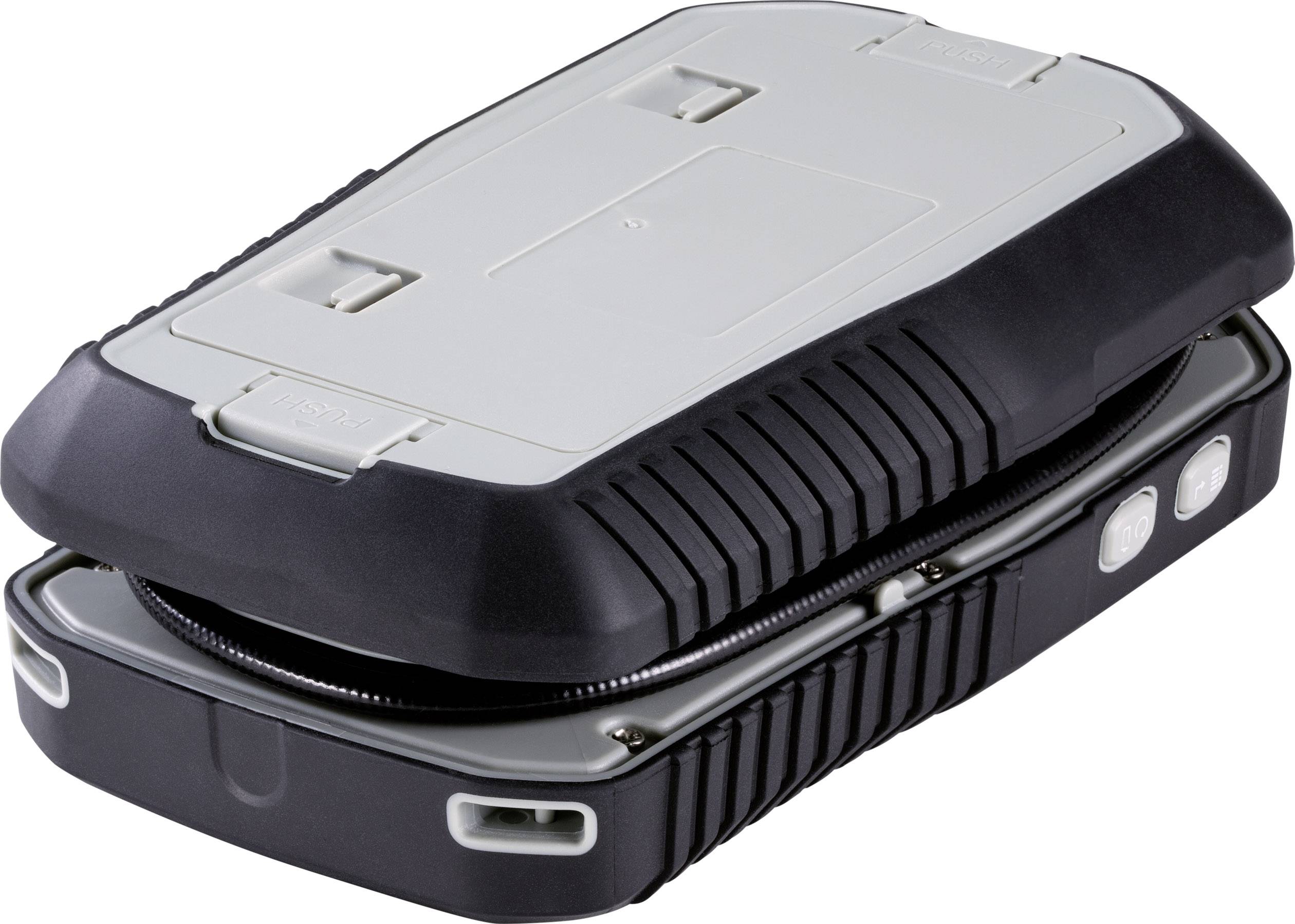 A grey, robust device with a black border and two oval buttons on its side.