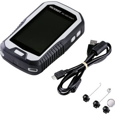 A digital multimeter with USB cable and accessories for measuring voltage and current, on a white background.