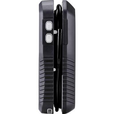 A black, handheld device with two buttons and a cable in the middle, possibly a portable air pump compressor.