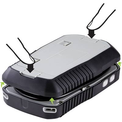 A portable charger with two cables, designed for mobile devices. Black and silver design, compact and lightweight.