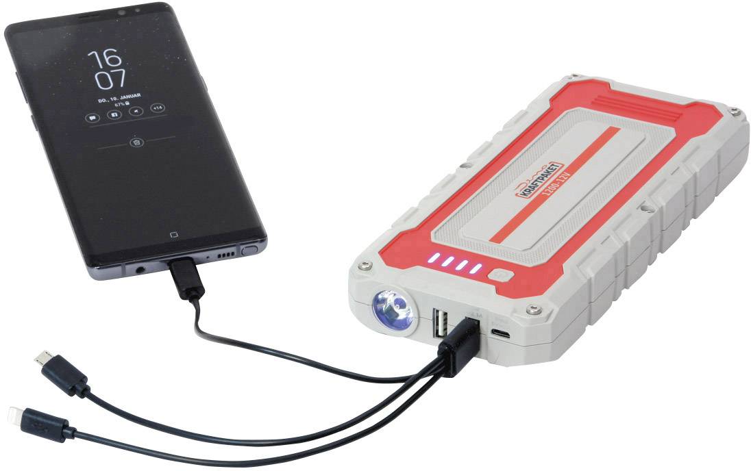 Red and grey portable battery charger with jump leads. Labels show: On/Off switch, charge status indicator, input and output ports, LED lamp.