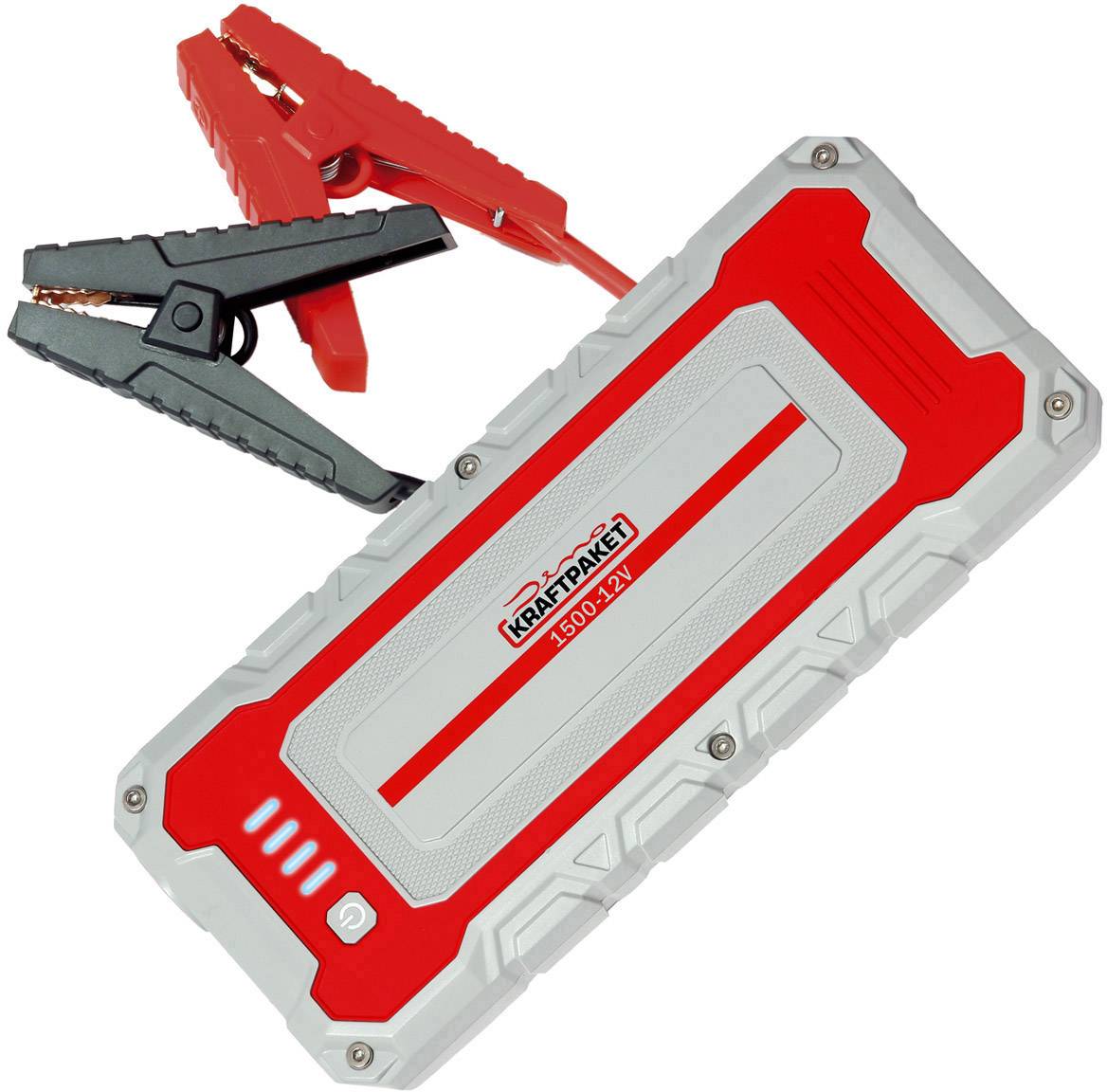 Red and grey jump starter with two clamps, rated at 1500A and 12V; used for starting vehicle batteries.