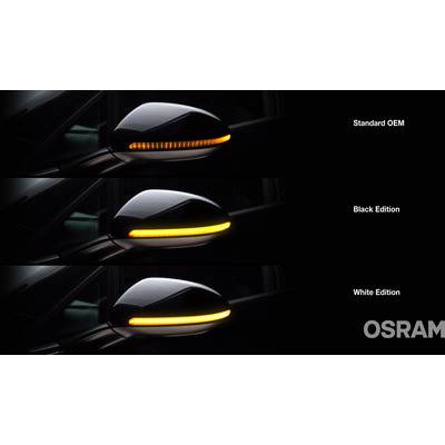 Wing mirror with indicator in three variants: 'Standard OEM', 'Black Edition', 'White Edition'. Differentiated by housing colour.