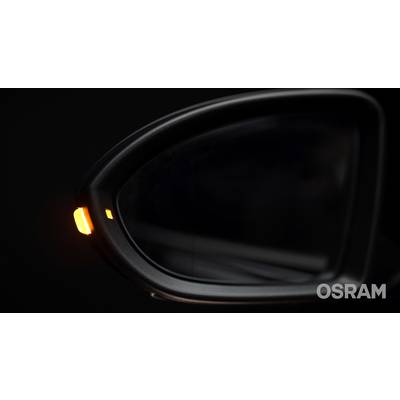 Side view of a car wing mirror with an illuminated warning signal against a dark background. The OSRAM logo is located in the bottom right of the image.