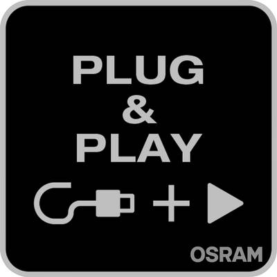 'Symbols for Plug & Play: Plug, Plus Sign, Play Button. Brand name OSRAM bottom right.'