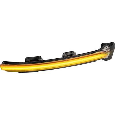 A dynamic indicator with an illuminating LED strip. It is long and slim, mounted in a transparent housing.