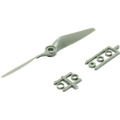 A grey model aircraft propeller with mounting elements lies on a white background.