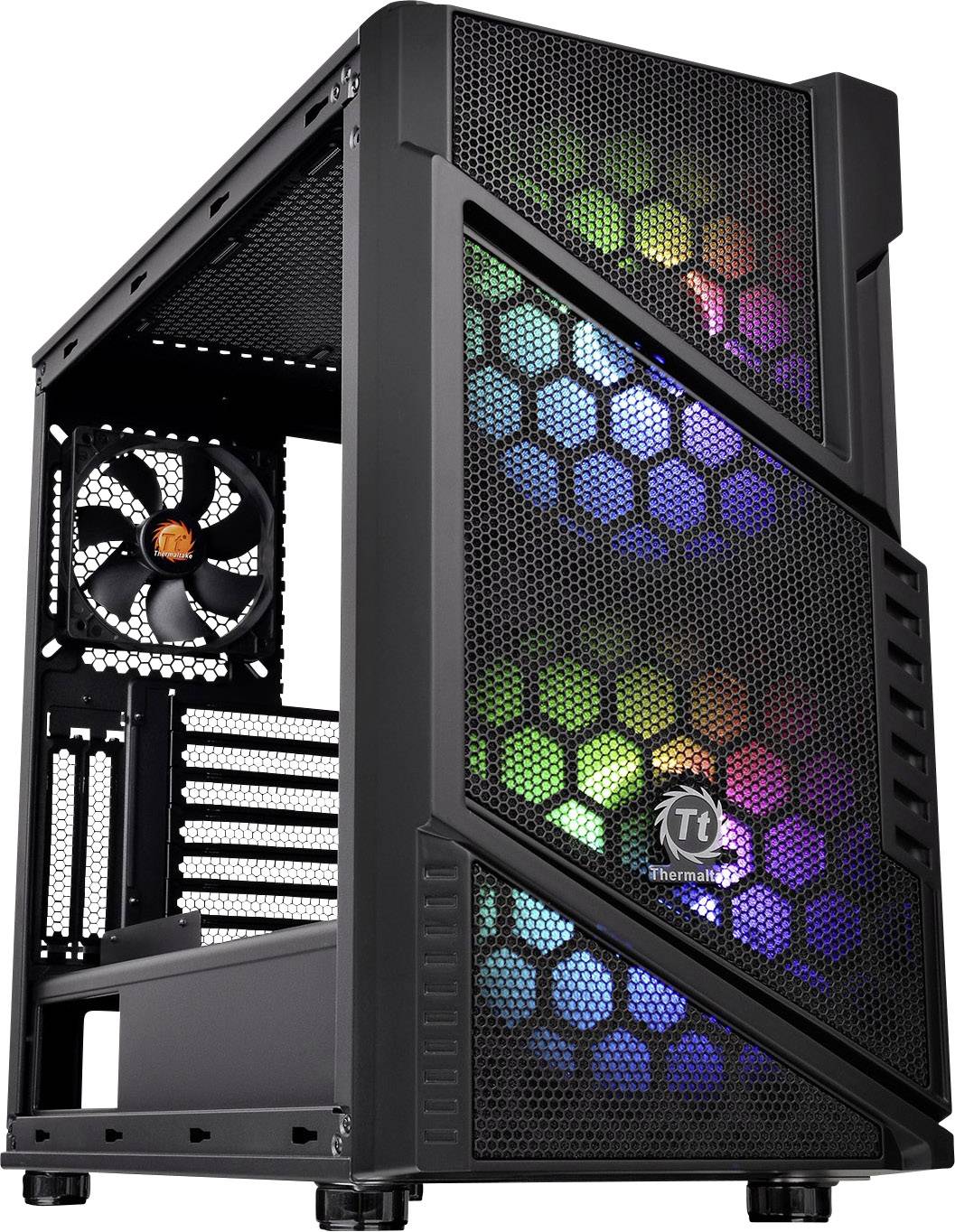 Black computer case with side fan. Front displays colourful LED lights through a honeycomb-style grille.