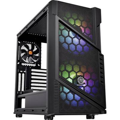 Black computer case with side fan. Front displays colourful LED lights through a honeycomb-style grille.