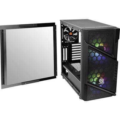 An open computer case with visible fans and RGB lighting. The side panel has been removed and placed beside it.
