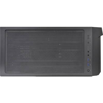 Computer case in black with a visible ventilation grille on the top, multiple USB ports and audio sockets.