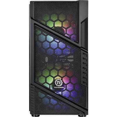 A computer case with visible fans that glow in different colours. The front features a honeycomb mesh design.